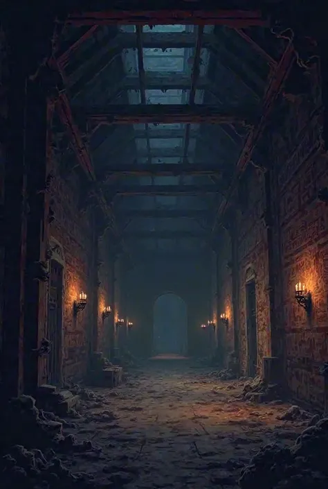 Details pixel style, a vast, dimly lit chamber with a high ceiling. The walls are adorned with dusty, faded tapestries that once were vibrant but now hang limp and worn. The air is stale, and the only light comes from faintly flickering torches embedded in...