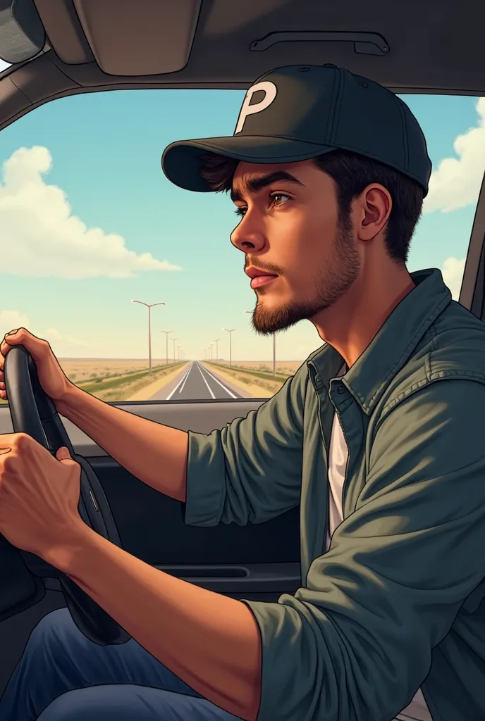 Create a driver, at the age 29. Wearing a baseball cap with the letter P on the cap. He is sitting in a car driving with one hand on the steering wheel and the other trying to fix his cap 