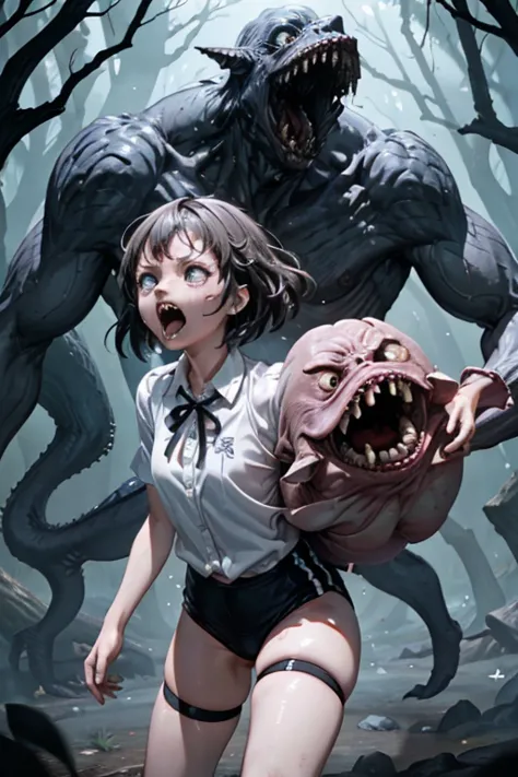 Scared girl、shout、Convulsing with fear、Girl being attacked by a monster、Girl caught by monster、be killed、There are a lot of monsters in the background、Girl surrounded by monsters、Solo、wearing a Black gymnastics bloomers, High leg、white blouse, cowboy shot,...