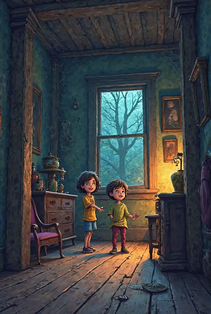 An old, mysterious house with a vintage look, dimly lit by evening light. Inside, a young boy (Ali) and a young girl (Sarah) are playing near old furniture, looking curious and excited. The atmosphere is slightly spooky but not scary, with cobwebs and old ...