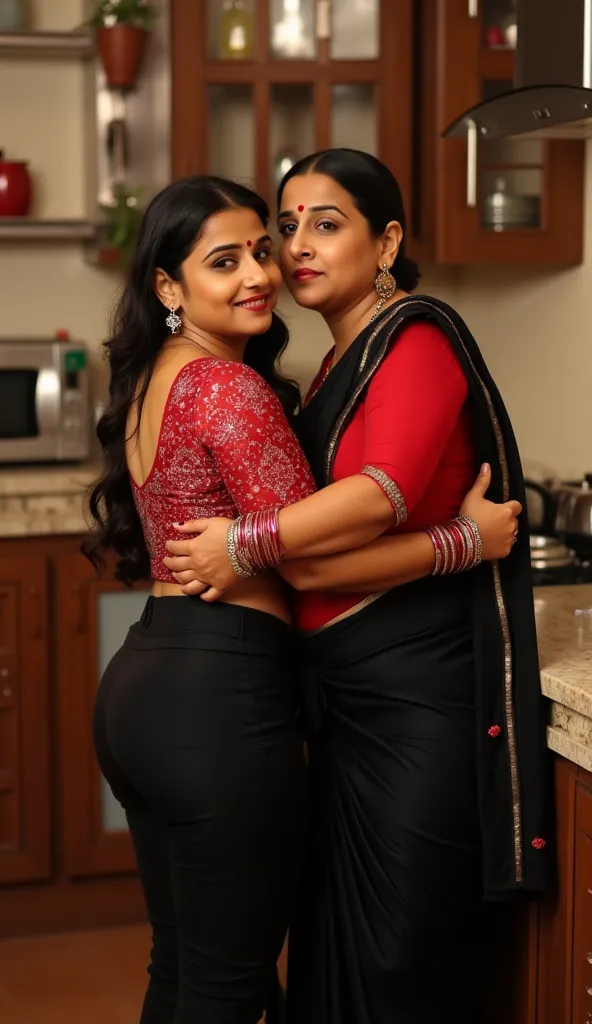 Full body image, side view Full body image, indian hourglass body, Indian medium sized 25 year old marathi bride in kitchen, lovely face, mouth slightly open,, suductive smile, partially closed eyes, large swooping breasts, she leaned towards the table and...