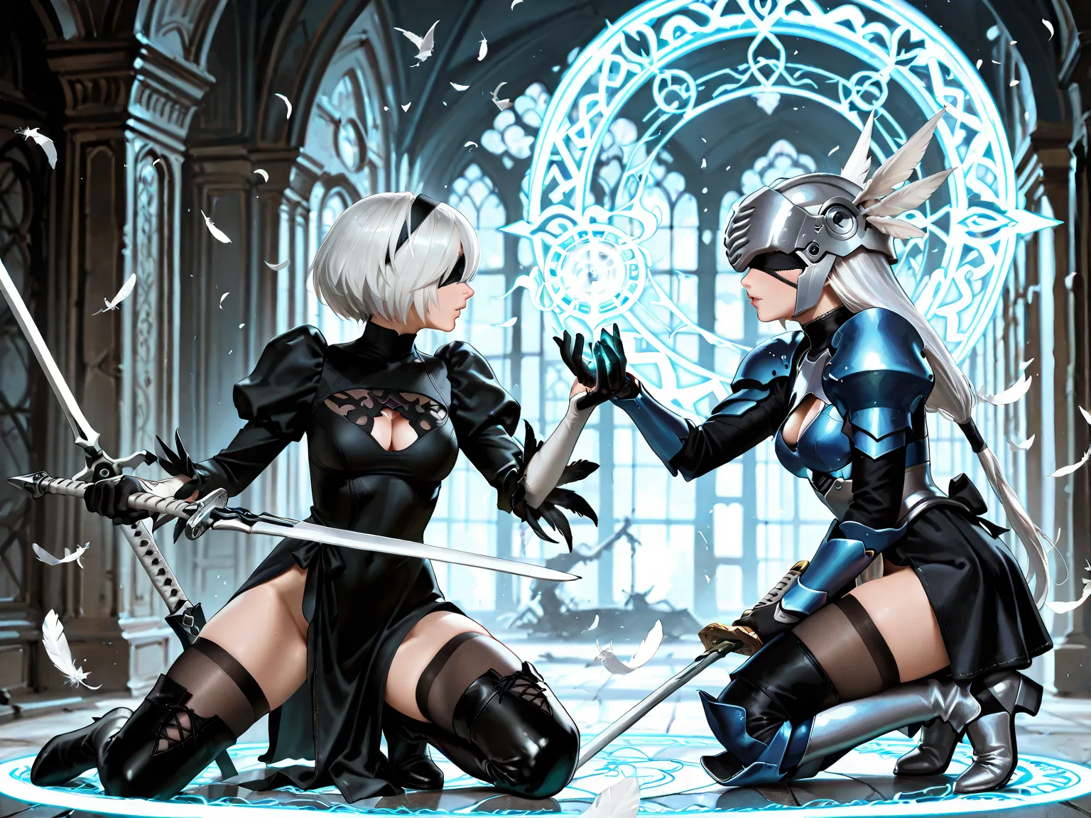 Masterpiece, best quality, photorealistic, semi-real, (2women), Valkyrie Lenneth, YorHa 2B, (Lenneth\knee-length white hair, hair tied at the bottom, silver helmet, winged helmet, blue and silver breaatplate, crotch curtain, blue armour boots, spear in han...