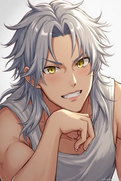  Adult man, anime, video game, loose long gray hair, long hair,  loose hair, Yellow eyes,  golden eyes, slightly tanned pale skin, butterfly bangs, open bangs, a lock sticking out of his head, tonificado,  muscular,  smiling