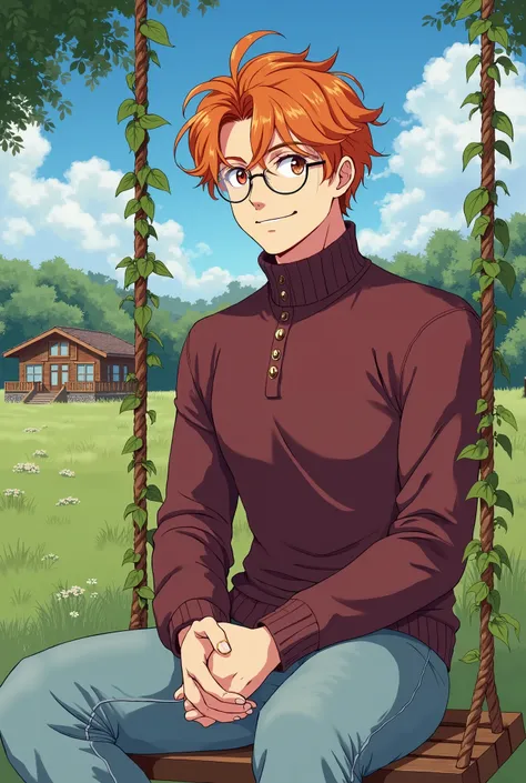 
Create an anime illustration of a man with wavy, soft orange hair and transparent round glasses with gold frame , sitting on a rustic wooden swing adorned with green vines. He wears a cozy burgundy turtle neck sweater with decorative buttons and light blu...