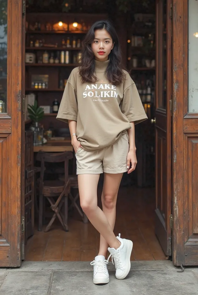 A woman of Indonesian Chinese descent, wearing 90's style fashion with an oversize turtle neck t-shirt "ANAKE SOLIKIN "and shorts and a white sneaker .
Posing in front of the door of a traditional coffee shop 
Her style is elegant with 90s women's hairstyl...