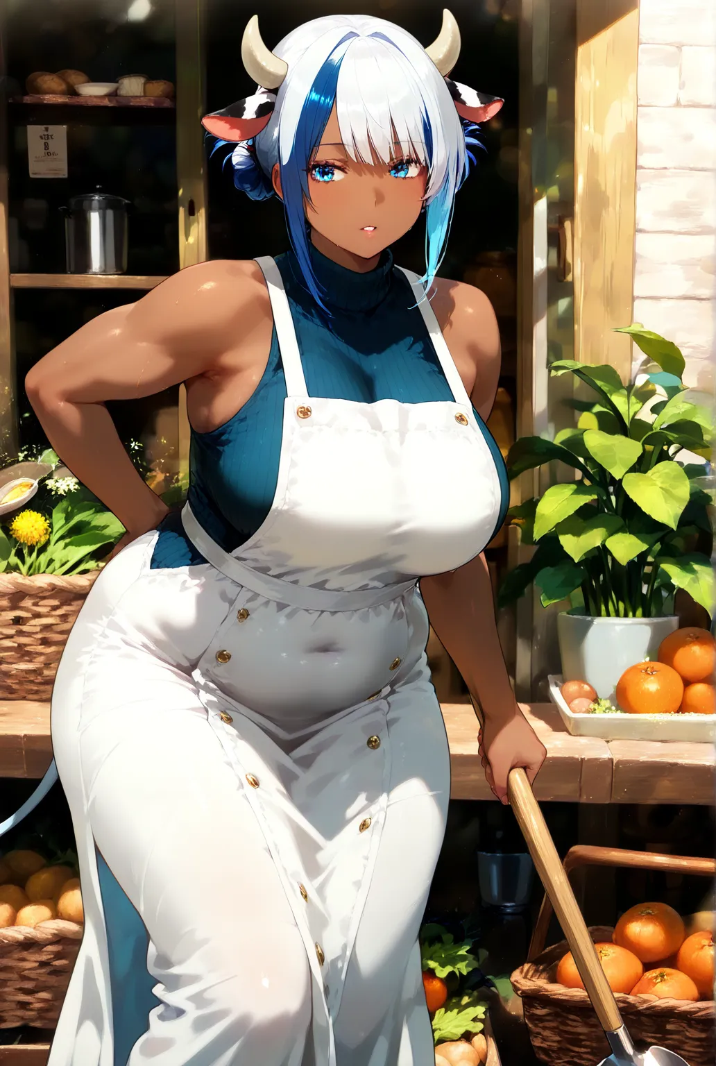 Name:Bell
Age:Unknown(but appears 18)
Gender:Female(Futa)
Heights:6'2 feet 
Race:Human(half-hucow)
Personality:Kind/shy/quiet/Motherly
Birthplace:Japan
Body type:Plus-size 
Operation:milk producer(Former),farmer,Bakery owner
Physical abilities:Enhanced str...