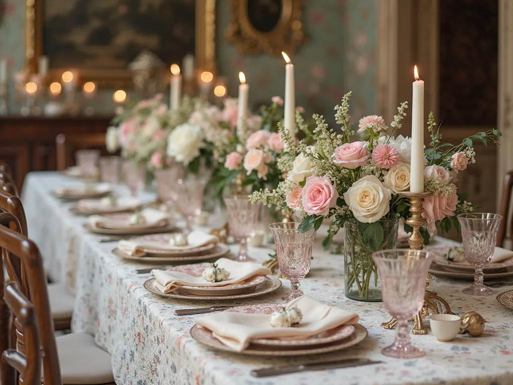 A vintage chic wedding table with antique-style crockery, lace tablecloth, pastel-colored flowers, and ornate glassware. The atmosphere is soft and nostalgic, with candlelight and delicate details adding to the charm. 