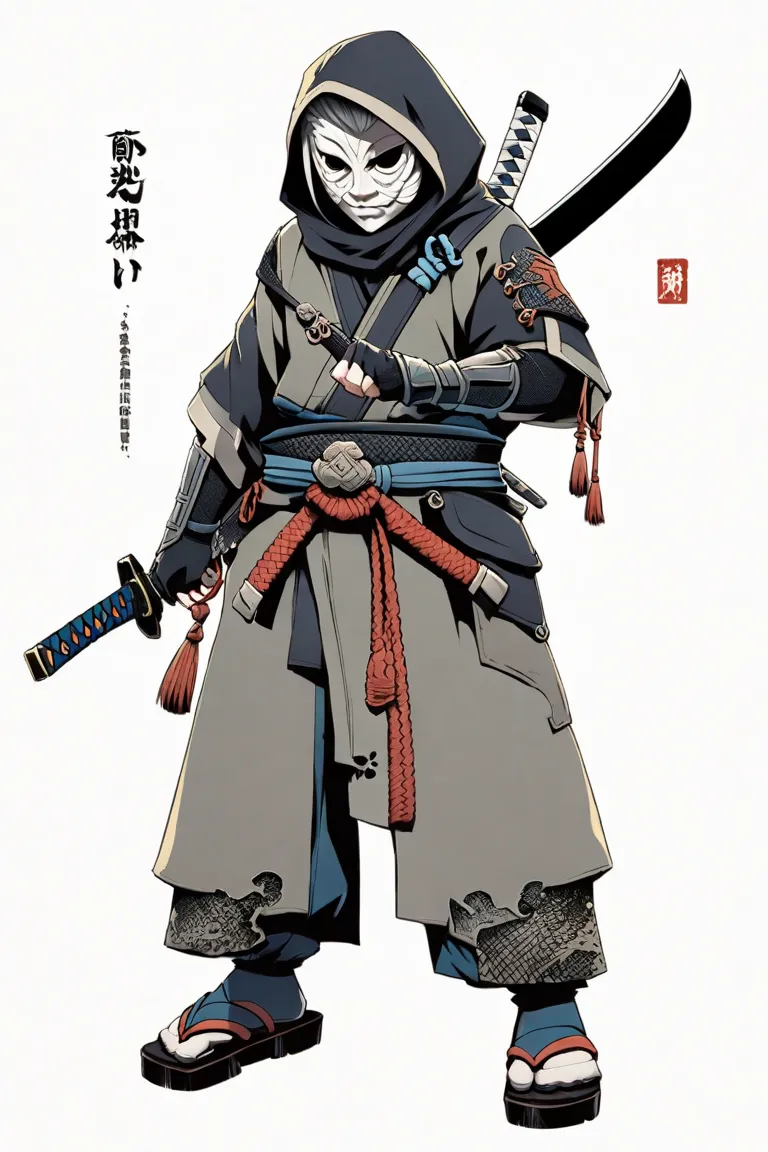 cyberpunk ninja action novel。One old man style ninja。((white background illustration ))。((full body illustration))。(( standing))。disaster々Shii Ninja Mask。Flow-style costume。Wear socks and sandals for your feet。Wear a sword。Long bangs that cover half of the...