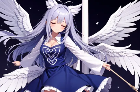 an animated anime drawing of a woman with huge wings holding a staff, well-formed face, ultra cute face, ultra detailed eyes, ultra detailed hair, ultra cute, ultra beautiful, ((high end)), (UHD picture), (best quality,4k,8k,highres,masterpiece:1.2), top-q...