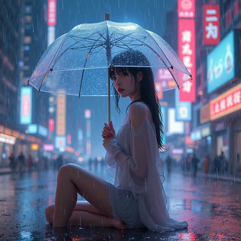 a woman with a transparent umbrella is sitting in the rain in the city, neon rain, rain. hyper detailed, cgsociety 9, realistic anime 3 d style, dark glowing rain