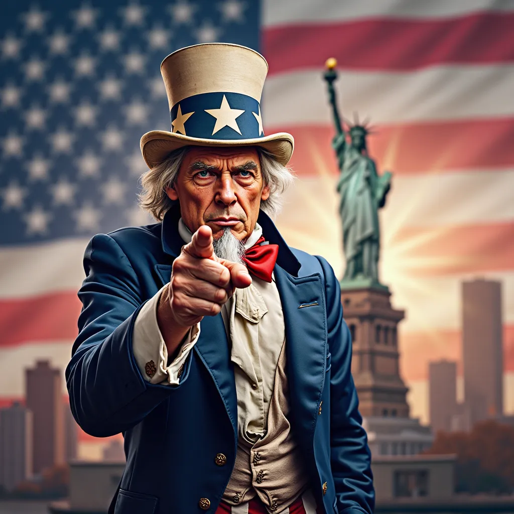 America's Uncle Sam points to the viewer in front of Stars and Stripes and the Statue of liberty, feeling of patriotism, American Independence Day, photorealism, dramatic, skyscraper of America v American skyscrapers, Statue of Liberty, 24 mm lense, photor...