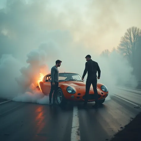 Scene:there was an accident, a racing car is standing on the track, there is fog all around and 
impenetrable smoke,the orange car caught fire and 
the passenger door is on fire,two silhouettes of men in a puff of smoke, one taller supporting the other to ...