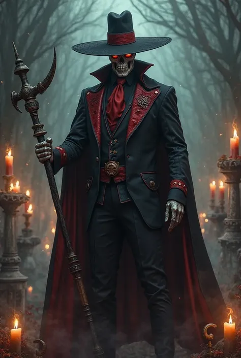 "Create an imposing image of Exu Caveira, represented as a mystical and powerful figure. He must have a skull face with glowing eyes (red or white), wearing a black suit with red details, a flowing cape and a wide-brimmed hat. In hand, he can hold a sickle...