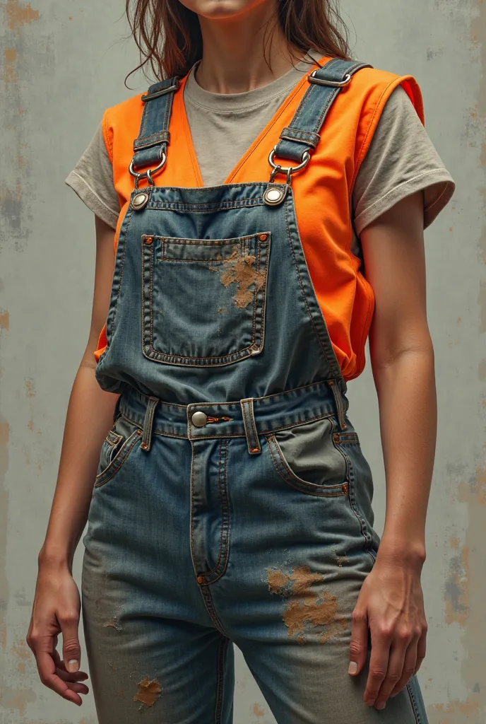 In overalls and an orange vest