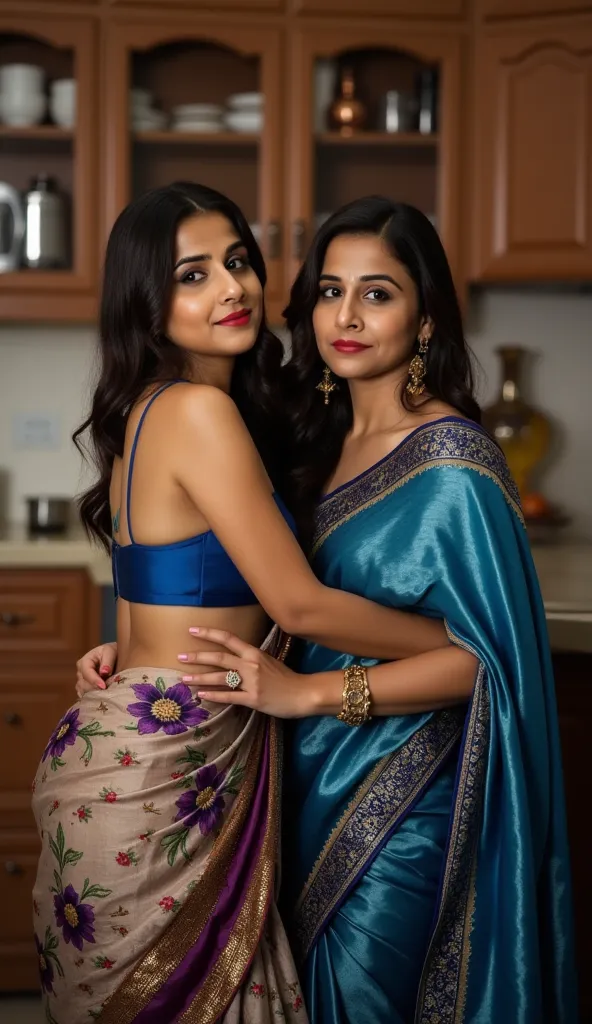 Full body image, side view Full body image, indian hourglass body, Indian medium sized 25 year old marathi bride in kitchen, lovely face, mouth slightly open,, suductive smile, partially closed eyes, large swooping breasts, she leaned towards the table and...