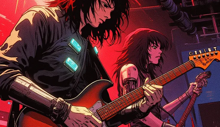 Retro anime of a cyberpunk rock band playing in an underground club, with the singer wearing a leather jacket with LED lights and the guitarist with a mechanical arm. Saturated colors and thick lines like in Akira.