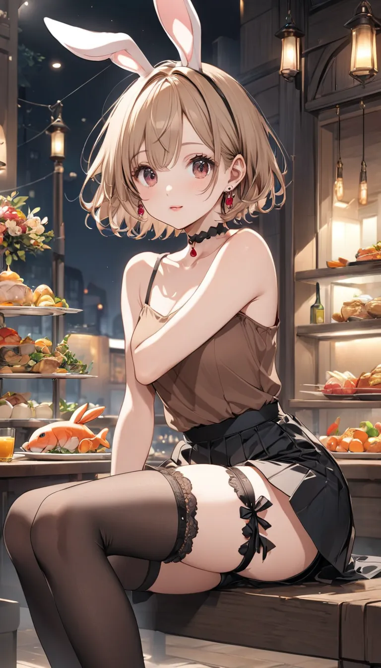 
1girl, short hair, light brown hair, stockings, bunny ears, leg garter, black pants, brown top, ruby earrings, choker,anime cute girl,supper ไวท์และเงา