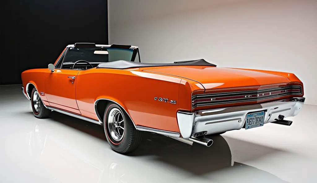  Back left side view of painted with Shiny orange color rules 1965 Pontiac GTO convertible in large shape car in large size with 1965 Pontiac GTO convertible logo on its large detail grill in Shiny orange colour with angular sporty design captured from clo...