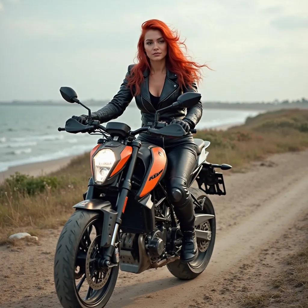 A woman with long bright red hair riding a black and orange KTM motorcycle and dressed all in leather and in the background a beaten path at the edge of the water and I would like to have it marked Fiona on the photo 