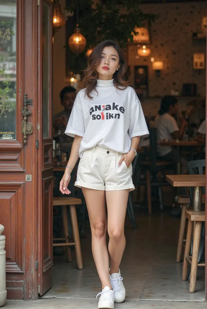 A woman of Indonesian Chinese descent, wearing 90s style fashion with an oversize turtle neck t-shirt "ANAKE SOLIKIN "and shorts and a white sneaker .
Posing in front of the door of a traditional coffee shop 
Her style is elegant with 90s women's hairstyle...