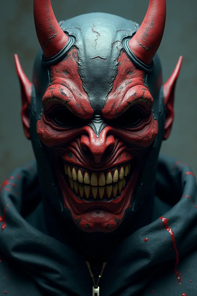 has to look aggressive Generate a ski mask design, using the mask of the human devil as a reference, The mask has to look aggressive.