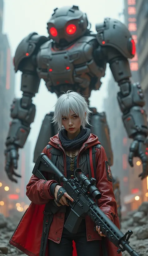 This is a CG Unity 8k wallpaper with ultra-detailed, high-resolution and top quality in cyberpunk style, dominated by black and red. In the picture, a beautiful girl with white messy short hair, a delicate face, wearing a steam mecha mask, standing on the ...