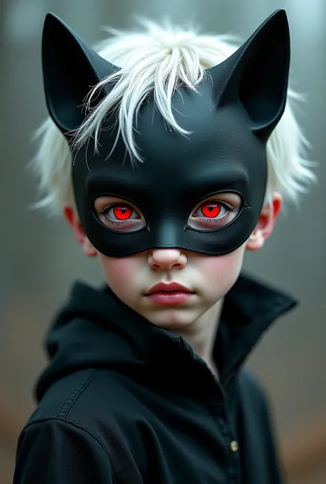 Red-eyed white-haired boy wearing a black cat mask