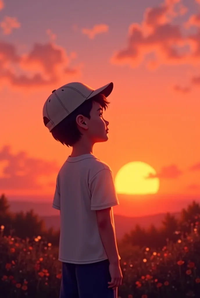 A photo of a boy wearing a hat and white t-shirt with a sunset in the background