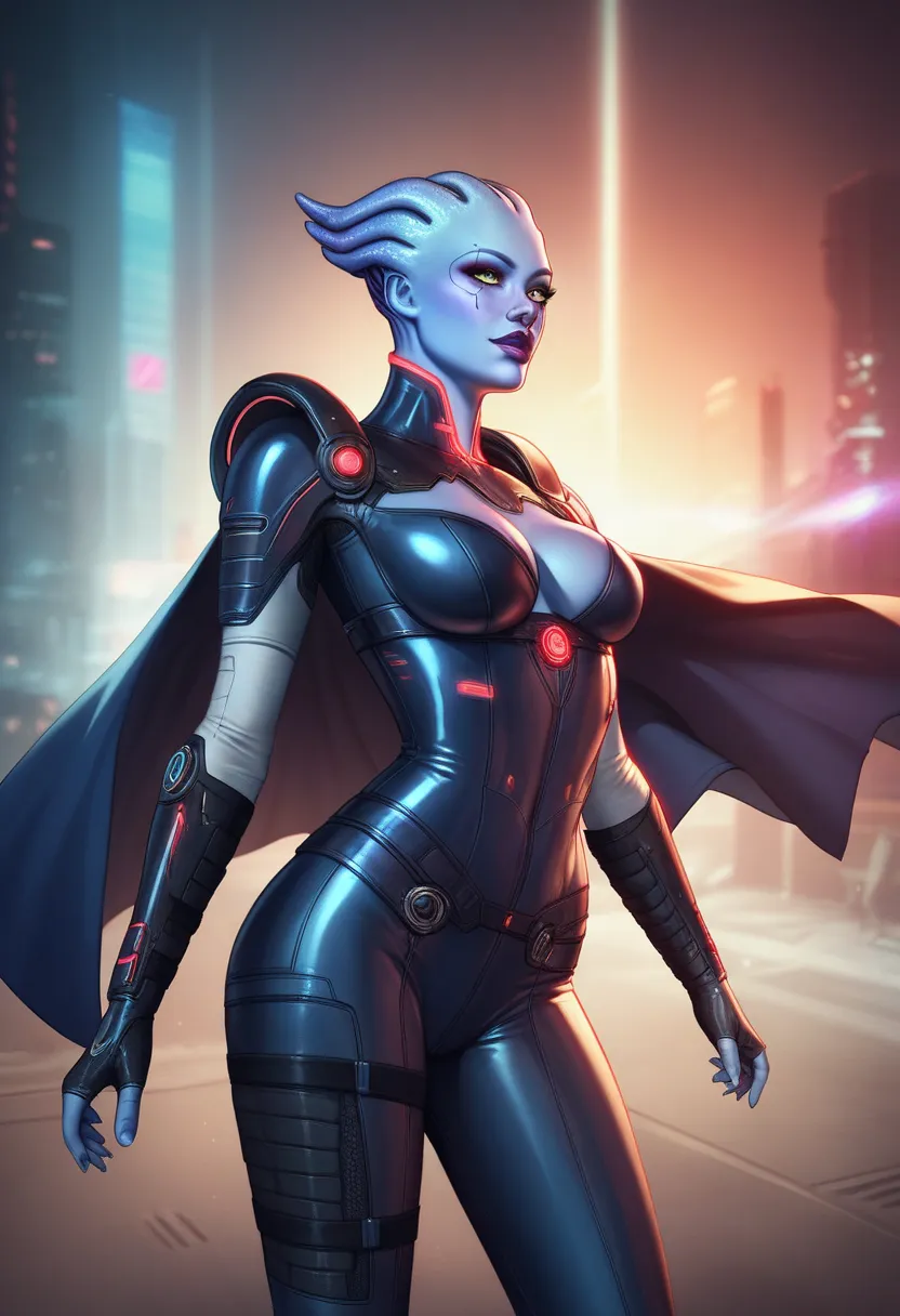 1 girl, asari, Mass Effect, assassin latex and leather armor with cape, cyberpunk armor, alien, asari, pale blue skin
