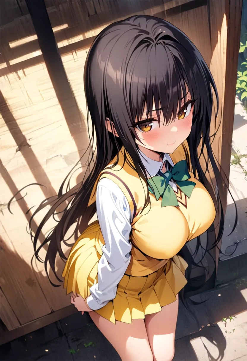 (masterpiece),(best quality),(ultra-detailed),(best illustration),(best shadow),(absurdres),(detailed background),(very aesthetic), ,1girl, kotegawa yui, black hair, long hair, long bangs, brown eyes, large breasts,yellow school uniform, yellow skirt, plea...