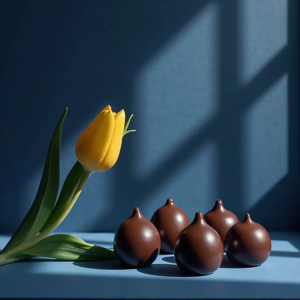 Create a luxurious image for a premium handmade chocolate brand with an elegant blue theme. The design should feel exclusive and sophisticated, perfect for online marketing.

Design Guidelines:
Chocolates as the Focus: Display only 2-3 exquisite chocolates...