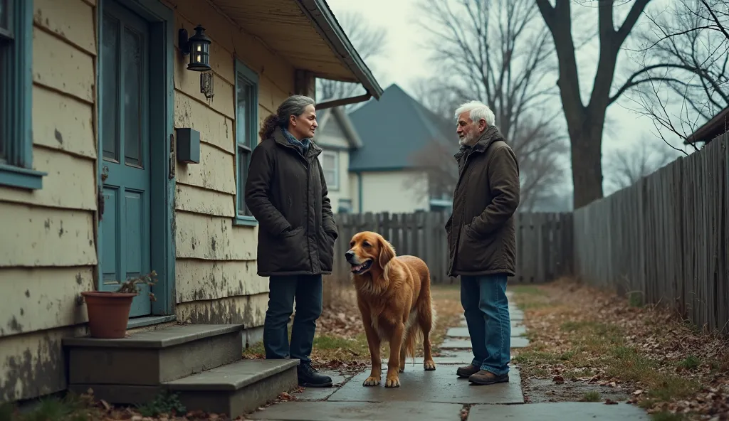 Ultra-realistic 16K image, American woman and golden retriever standing on cracked sidewalk outside an old house in Queens, elderly man answering the door, American suburban backdrop, overgrown yard, cold winter sky, emotional storytelling, ultra-sharp cin...