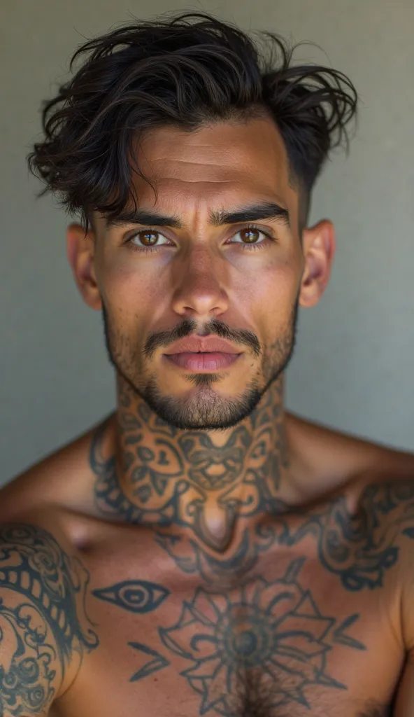 Crie Deivid Ggandy: man, 21 years old, with tattoos,  short beard , Caucasian , black eyes and an intense look. illuminated skin, wavy black hair cut Buzz Fade, he has tattoos on his neck, he has tattoos on his leg, He&#39;s shirtless,this one wearing Laco...