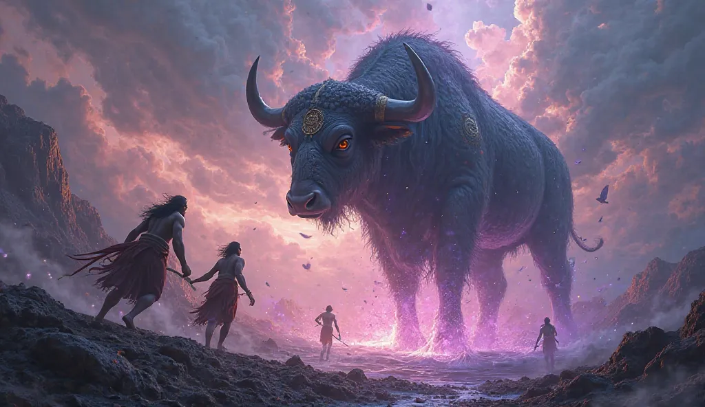 A powerful scene where the divine buffalo, identified as Lord Shiva, begins to sink into the earth as the Pandavas rush forward. One of the Pandavas manages to touch its tail before it disappears. The ground appears to glow, and mystical energy swirls arou...