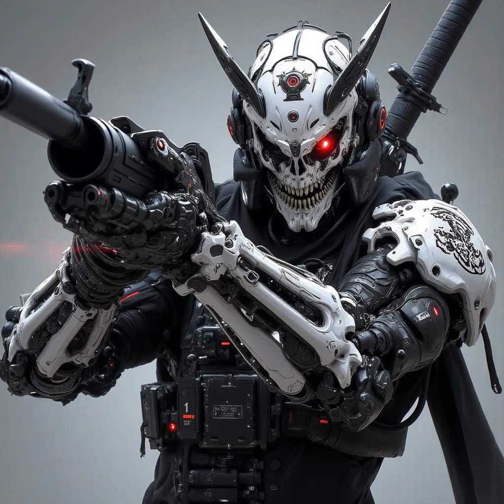 2 Soldier wearing a skull mask, detailed white and black armor, pointing with a laser sniper, has horns on his mask, embroidered badge on his armor, black armor plate, With red eyes, has a large sword on his back, high resolution, masterpiece, Anatomically...