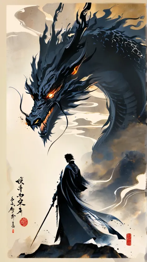 “ A breathtaking ink-style fantasy scene of an ancient Chinese warrior in flowing traditional robes standing before a massive black dragon. The dragon, painted in dynamic brushstrokes, emerges from swirling ink clouds, its fierce eyes glowing with intensit...