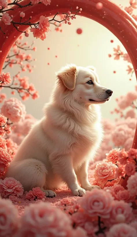 Dog in inside of cycle. In cycle beautiful flowers and background beautiful Chinese clouds. Photo in circle