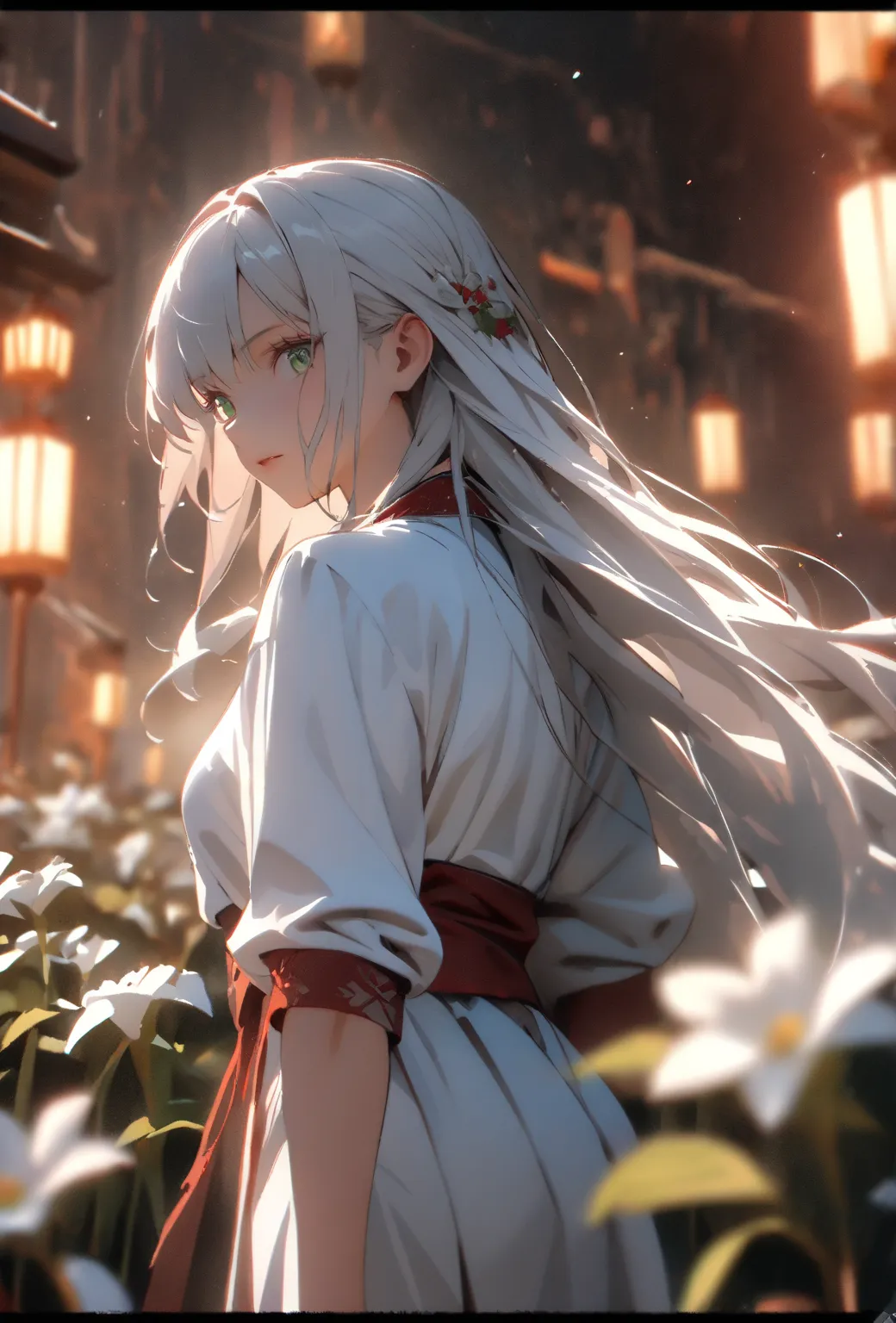 1 female, , wearing white kimono, rolled up sleeves, white hair, long hair, dense hair, face to detail, detailed eyes, bright green eyes, red ribbin, the background is a flower field with snow. attractive, eye reflection, depth of field, thunder aura, cine...