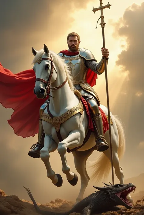 "Create a majestic image of Saint George, the warrior saint , riding an imposing white horse. He must be wearing shiny silver armor,  with a flowing red cape .  in one hand, he holds a spear or sword,  and the other , a shield with a cross.  on the ground,...