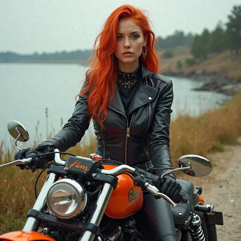 A woman with very bright red long hair on a black and orange KTM motorcycle and dressed all in leather and in the background a beaten path at the water's edge and writes Fiona 