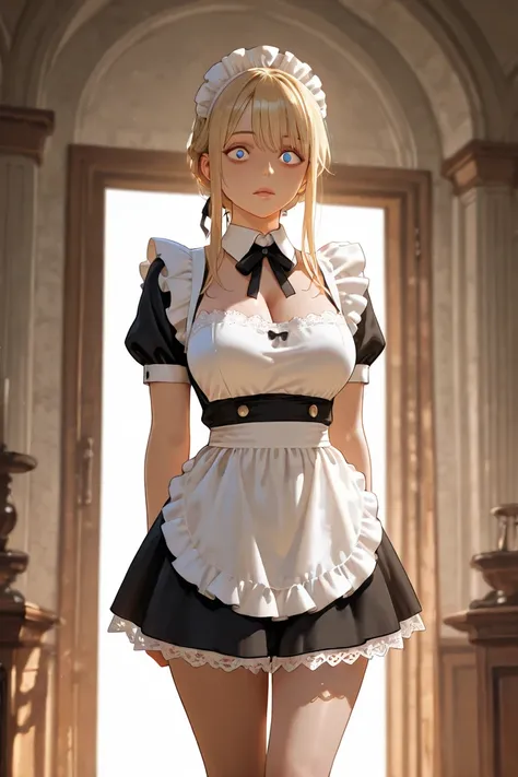 Blonde maid with cold eyes and attitude, Madura, sexy, full body, white background,  Good body