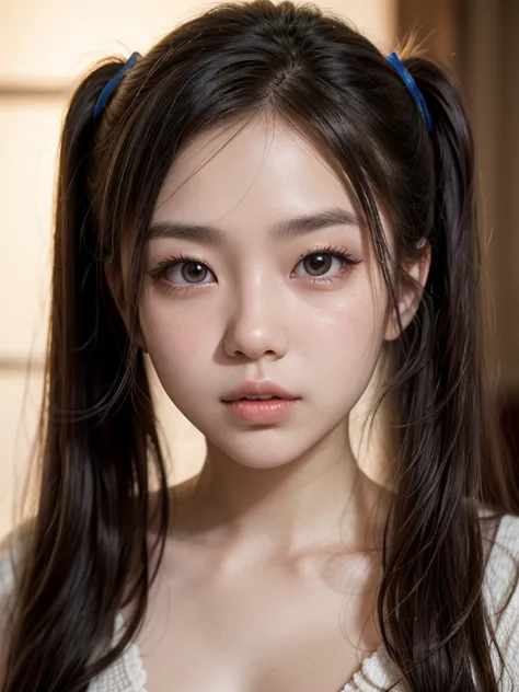 Realistic portrait of an 18 year old young japanese girl, petite body, nubiles body, small breasts, long black hair with fringe and twin tails, sweet and angelic face, think and upturned nose, big and highly detailed light brown eyes, long eyelashes, highl...