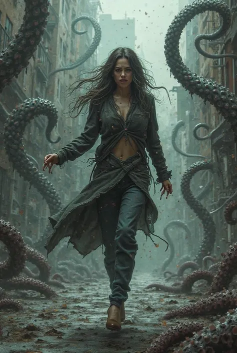 Very sexy woman with ripped clothes and a panicked face crosses a city invaded by evil tentacles 