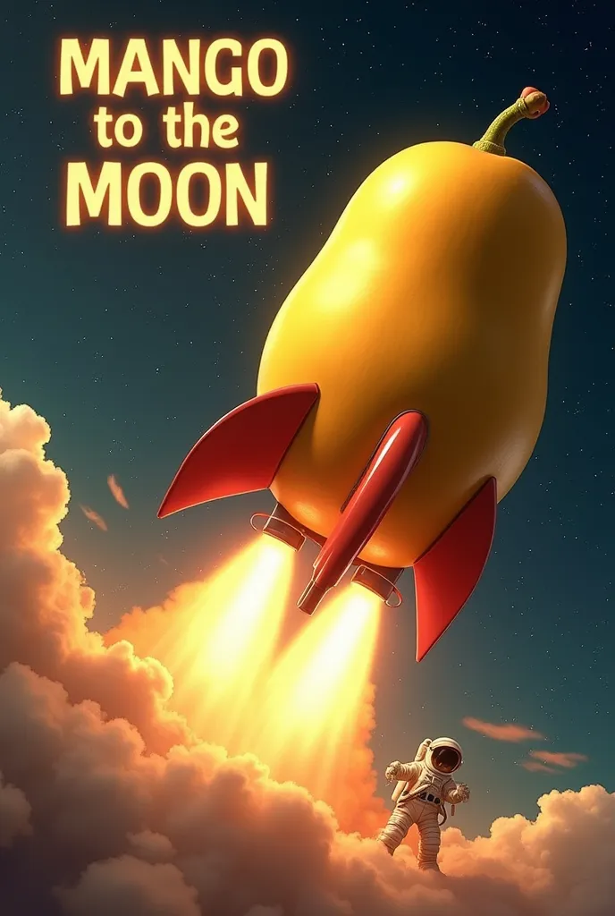 Mango to the Moon,Meme  A giant golden mango strapped to a rocket, blasting off into space with flames and smoke behind it. The words 'Mango to the Moon' are written in bold, glowing letters. In the background, an astronaut is shocked, watching the mango f...