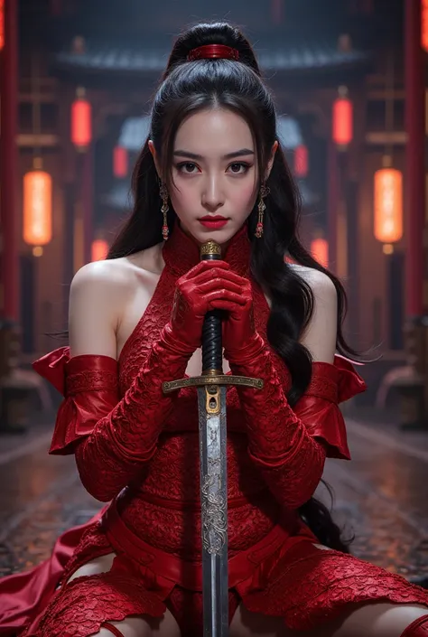 A battle scene in which a sexy female ninja lands in metalic red、Place one hand on the floor and hold the wuxia long sword horizontally in front of your face.、Intricate chain mail that fits the body perfectly、sexy， Serious Eyes、Low fighting stance、surround...