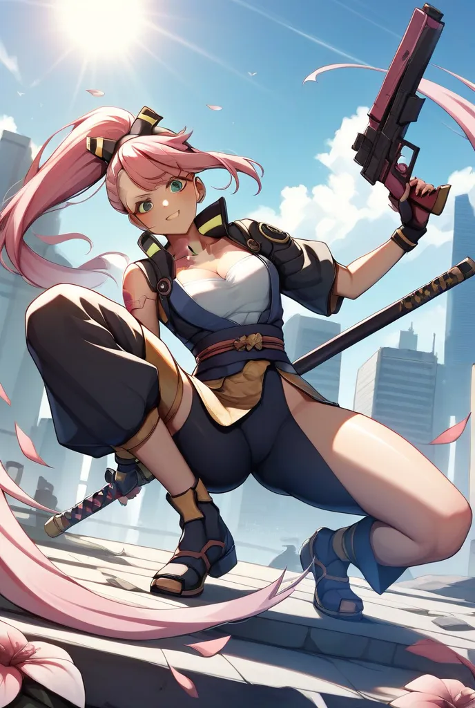 A cyberpunk samurai holding a Japanese sword, Majo_PS, dynamic pose, fighting against 2 shadow enemies 、2 shadow samurai in the background, ponytail、pink hair、 Japanese cyberpunk kimono、 perfect face 、perfect eyes, Masterpiece, anatomically accurate , top ...