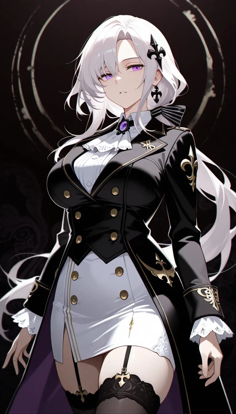 best quality, masterpiece, absurdres, 1girl, solo, (large_breasts:1.2), purple_eyes, (white_hair:1.0), hair_ornaments, tall, long_hair, white skirt, black_coat, double_breasted, ascot, brooch, long_sleeves, hair ornament, (low_ponytail:1.0), elegant, expre...