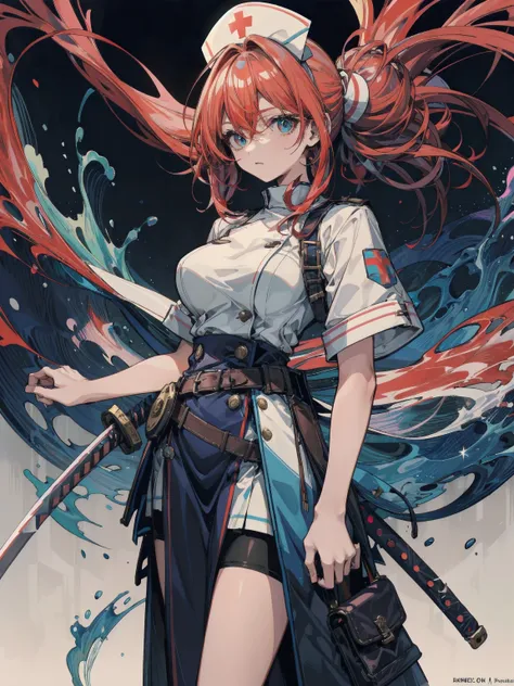 whole body shot, large breasts, narrow waist, red hair, short hair, wavy hair, half updo, broad katana, Nurse uniform, highly saturated colors, vibrant colors,