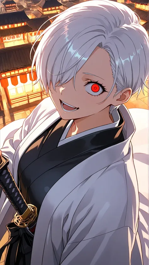 samurai ,
High quality ,  best quality , masterpiece,  High Resolution , anatomically correct,anime Coloring
1girl,solo, Cool woman, handsome woman, beauty in men's clothing
white hair,very short hair, handsome hair,spiked hair,,red eyes, hair over one eye...