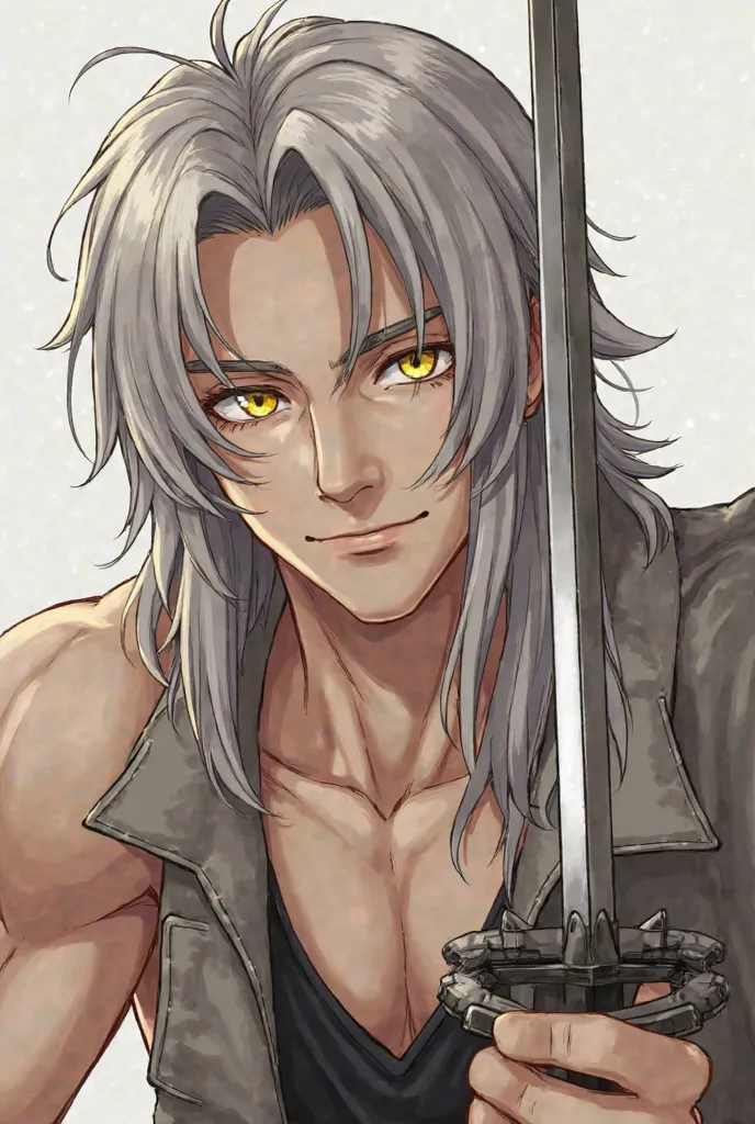  Adult man, anime, video game, loose long gray hair, long hair,  loose hair, Yellow eyes,  golden eyes, slightly tanned pale skin, butterfly bangs, open bangs, a lock sticking out of his head, tonificado,  muscular, Cleaning a sword